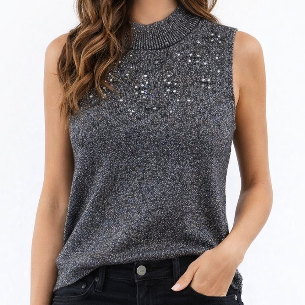 VINTAGE 90s Y2K Metallic Silver Beaded Top Sleeveless Witchy Whimsygoth Size M